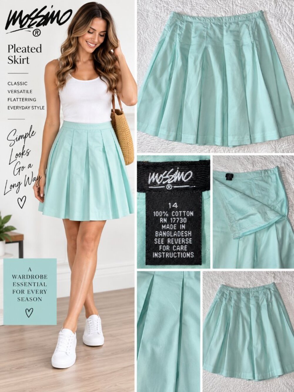 Mossimo Mint Aqua Pleated Cotton Skirt Women’s Size 14 A-Line